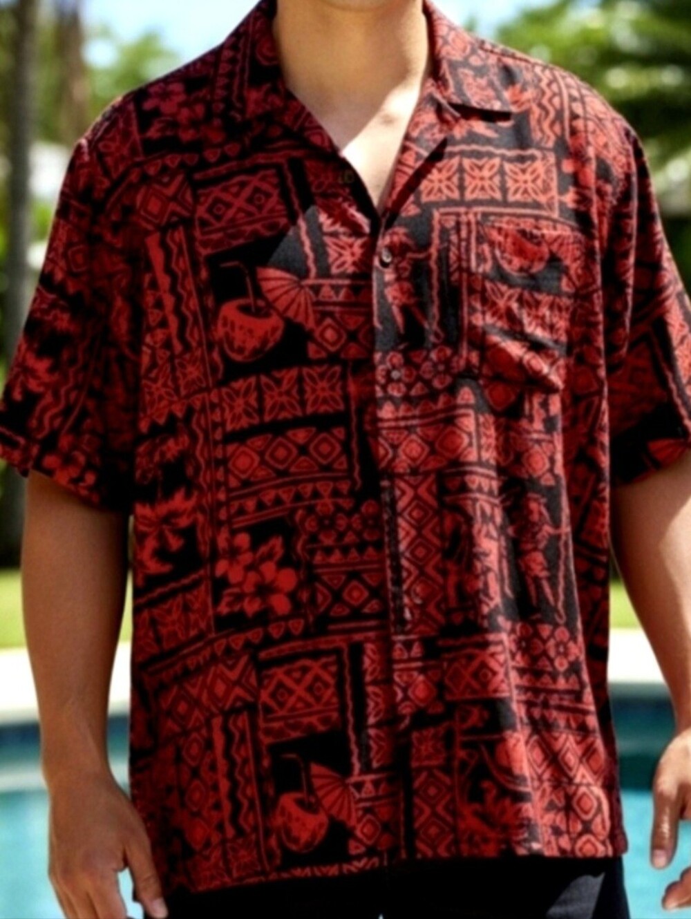 Vtg Panama Jack red flowy hula girl graphic 100% rayon retro Hawaiian shirt XXL